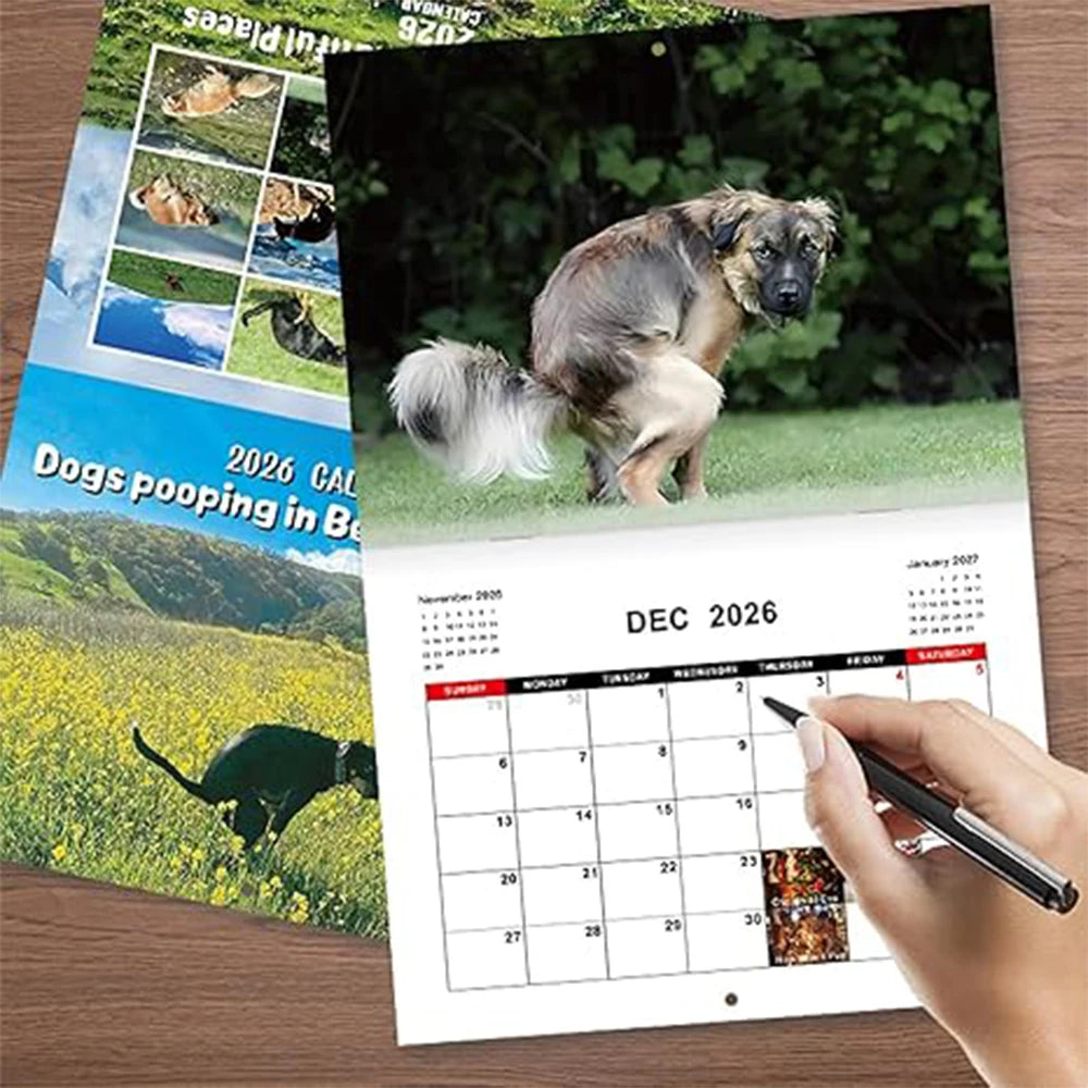 2026 Dogs Pooping in Scenic Places Calendar with monthly images and a planner for dog lovers