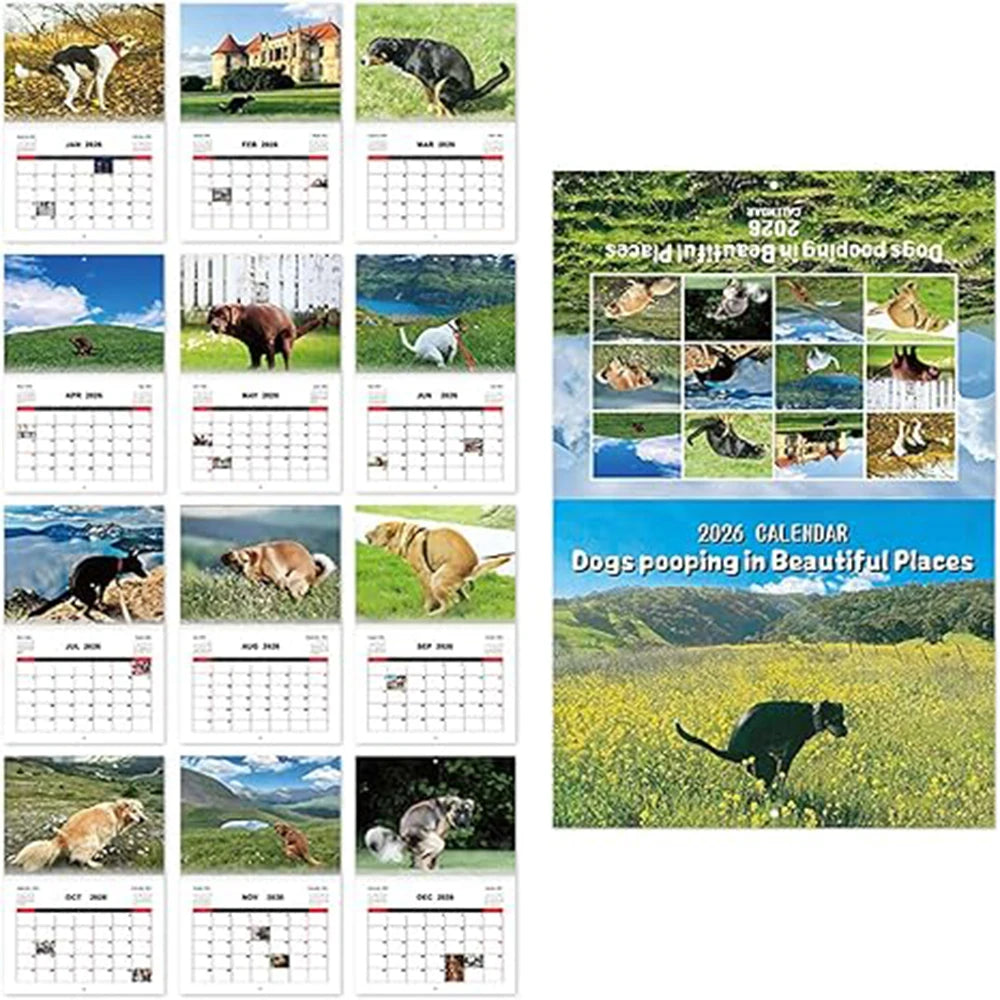 2026 calendar featuring dogs pooping in scenic places with colorful images for dog lovers