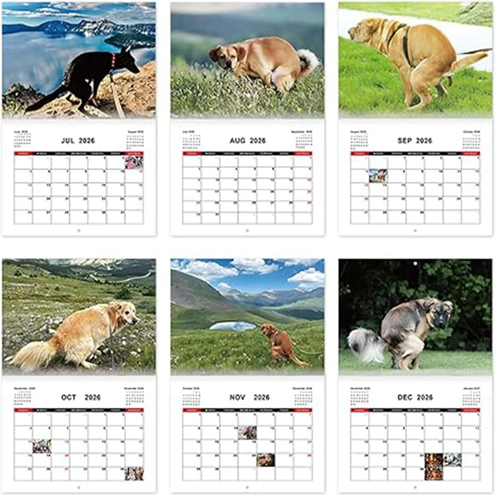 Dogs Pooping in Scenic Places Calendar featuring adorable dogs in various beautiful outdoor settings