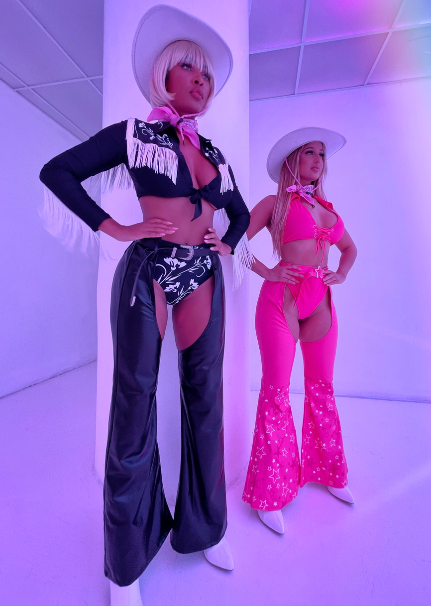 Two models showcasing unique doll movie character Halloween costumes in vibrant colors and stylish designs