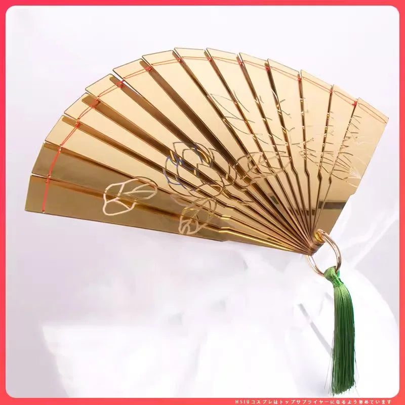 Douma cosplay folding fan in gold with floral design, perfect for themed events and cosplay enthusiasts