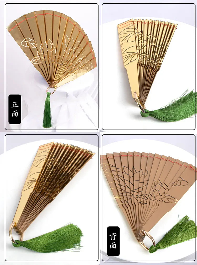 Douma cosplay folding fan with intricate design and elegant green tassel for costume accessories