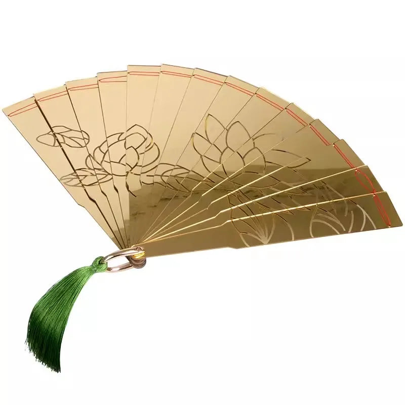 Douma cosplay folding fan with elegant floral design and a green tassel for anime enthusiasts
