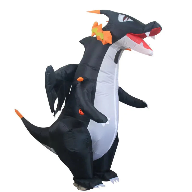 Inflatable dragon costume for adult women with vibrant details and wings, perfect for parties and events