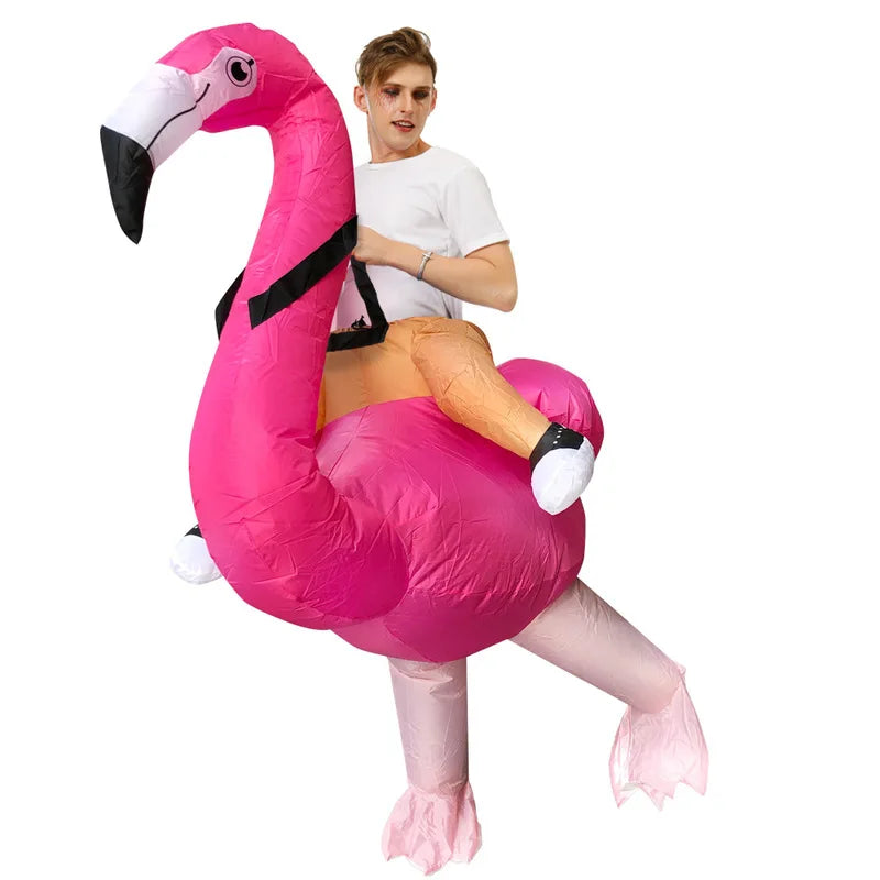 Inflatable flamingo costume for adults with harness, perfect for fun gatherings or themed events
