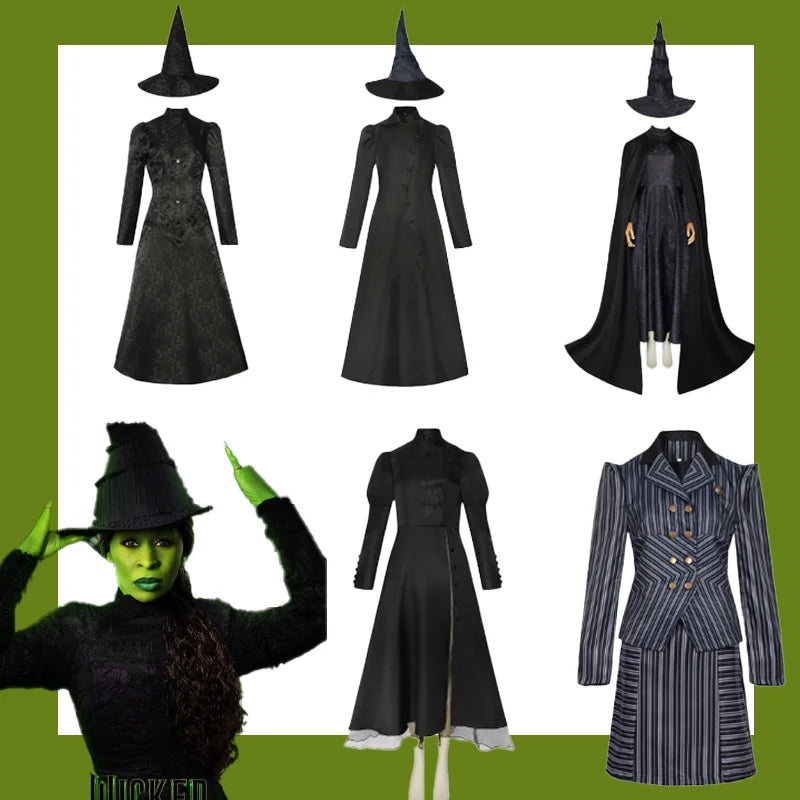 Wicked Elphaba witch costume collection featuring various black dresses and hats for Halloween and themed events
