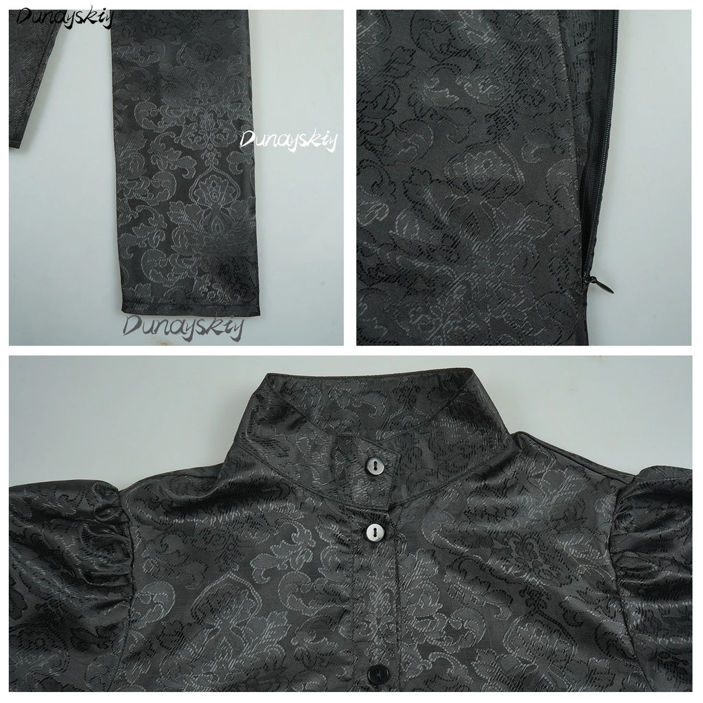 Wicked Elphaba witch costume featuring elegant black fabric with intricate detailing and puffed sleeves