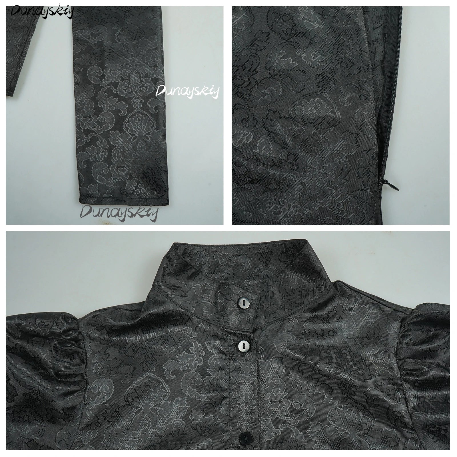 Wicked Elphaba witch costume featuring elegant black fabric with intricate detailing and puffed sleeves