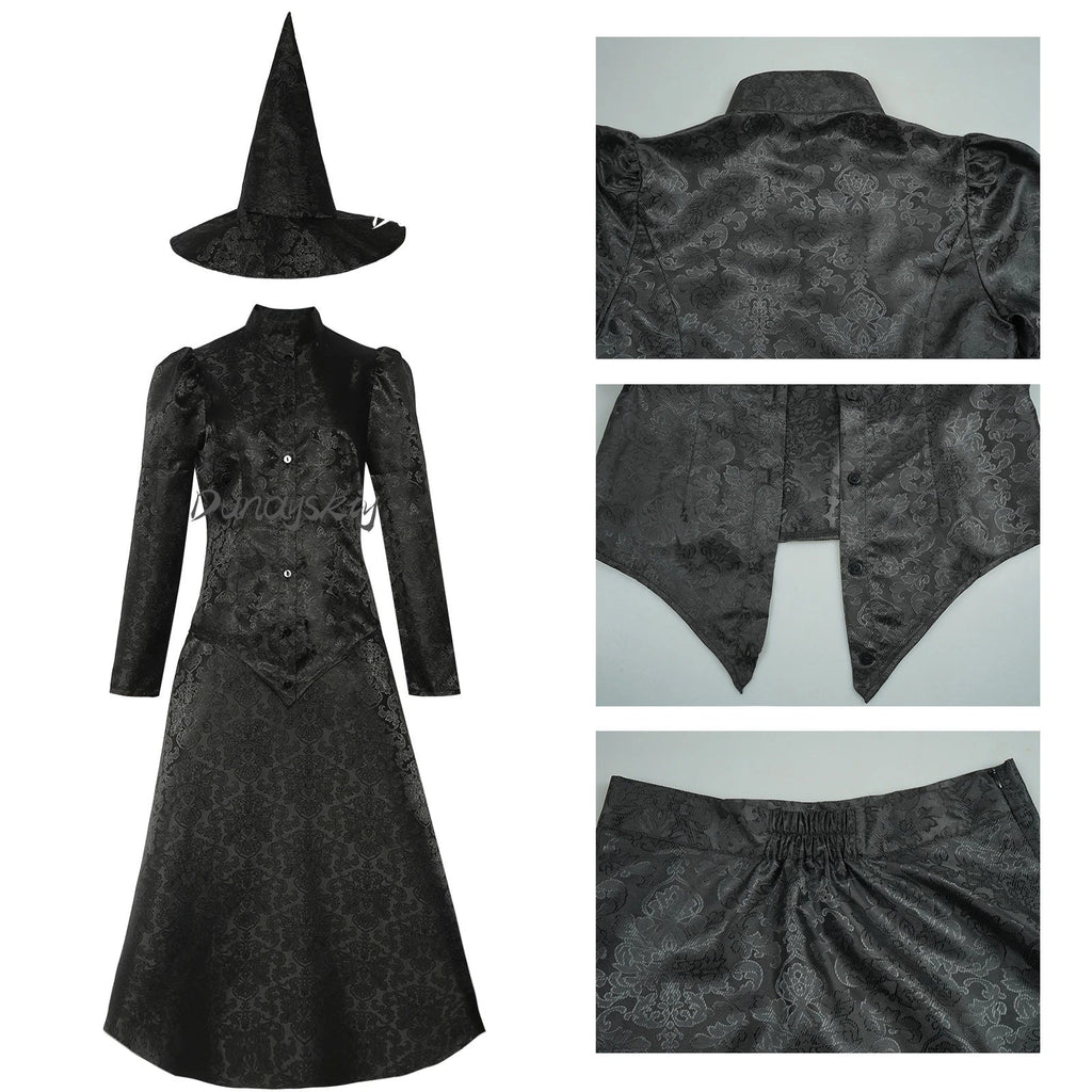 Wicked Elphaba witch costume featuring a black dress and pointed hat, perfect for Halloween parties