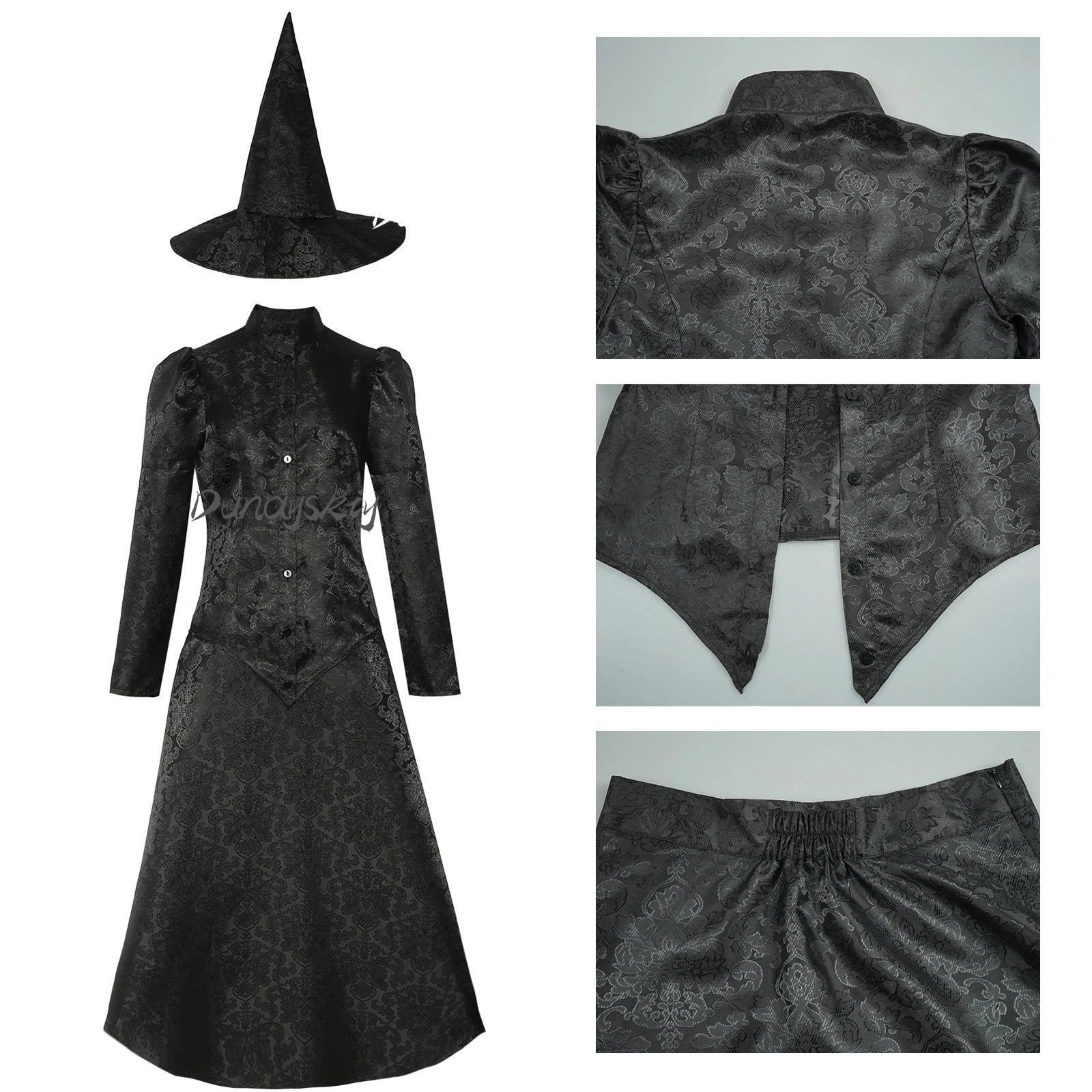 Wicked Elphaba witch costume featuring a black dress and pointed hat, perfect for Halloween parties