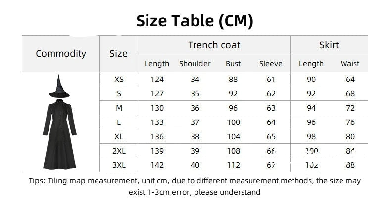 Dunaskiy size table for Wicked Elphaba witch costume including measurements for trench coat and skirt in centimeters