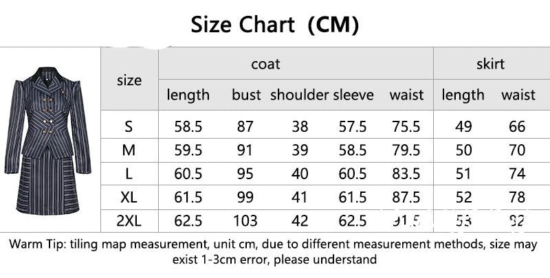 Dunayskiy size chart for Wicked Elphaba witch costume including measurements for coat and skirt