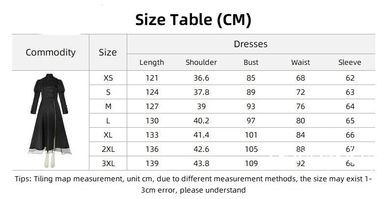 Dunayskiy Size Table for Wicked Elphaba witch costume with measurements for various dress sizes