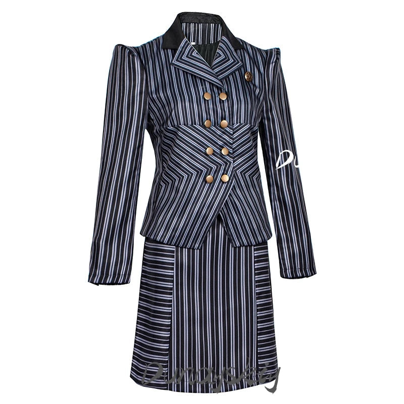 Wicked Elphaba witch costume featuring a stylish striped jacket and skirt for Halloween or themed events