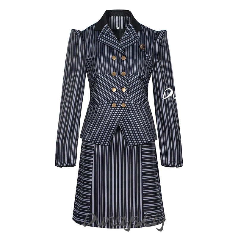 Stylish Wicked Elphaba witch costume in black and white stripes for Halloween or themed events