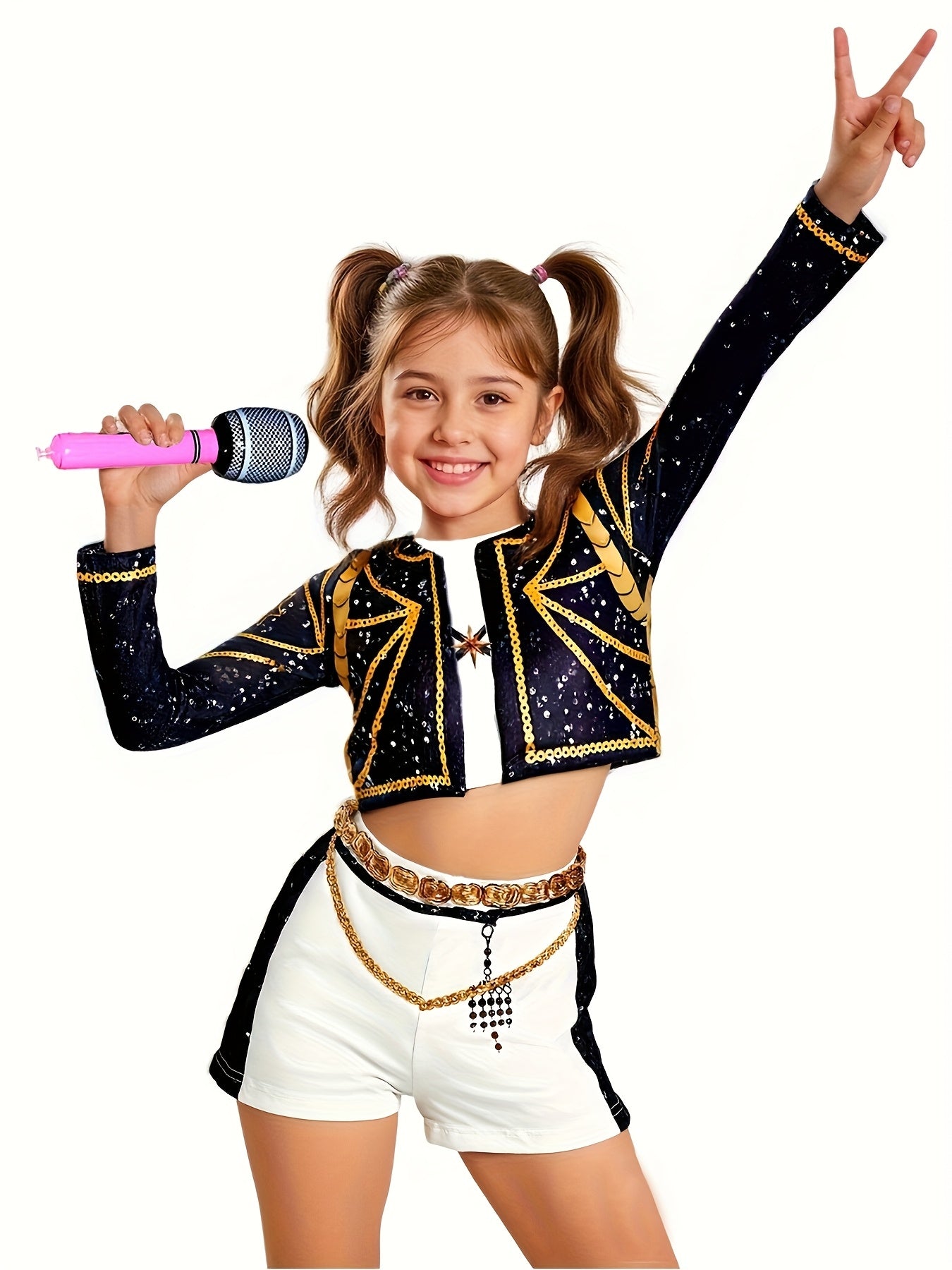 Cheerful girl wearing a pop star Halloween costume for girls, holding a microphone and posing with a peace sign