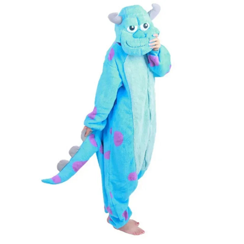 Blue Halloween monster onesie adults featuring a hood and tail with pink accents for comfort and fun