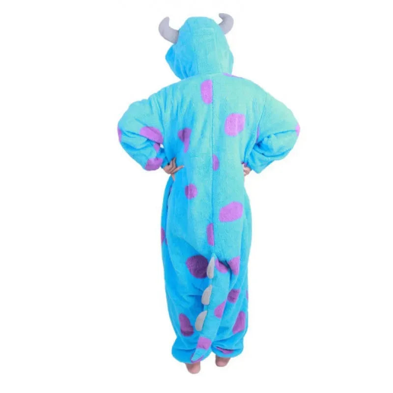 Blue Halloween monster onesie adults with pink spots and a tail, designed for comfort and fun