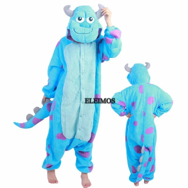 Funny blue Halloween monster onesie adults with pink spots and hood for cozy costume parties