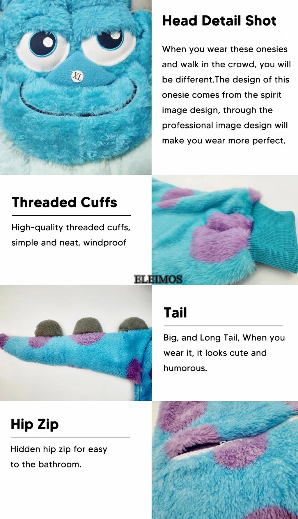 Halloween monster onesie adults in blue with thread cuffs and removable tail design for comfort
