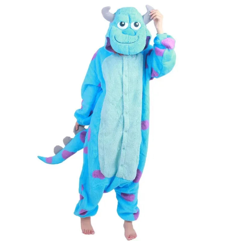 Blue Halloween monster onesie adults featuring a cuddly design with ears and tail for festive comfort