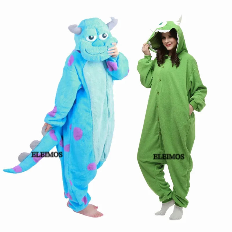 Halloween monster onesie adults featuring blue and green designs for cozy dressing up and fun parties