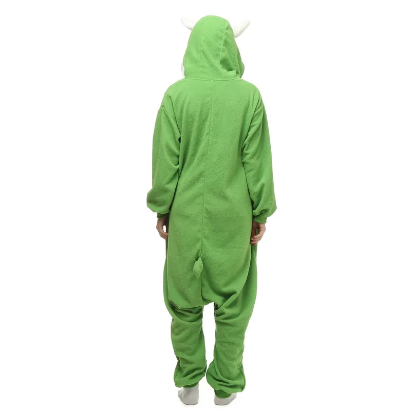 Green Halloween monster onesie for adults with a playful tail and hooded design
