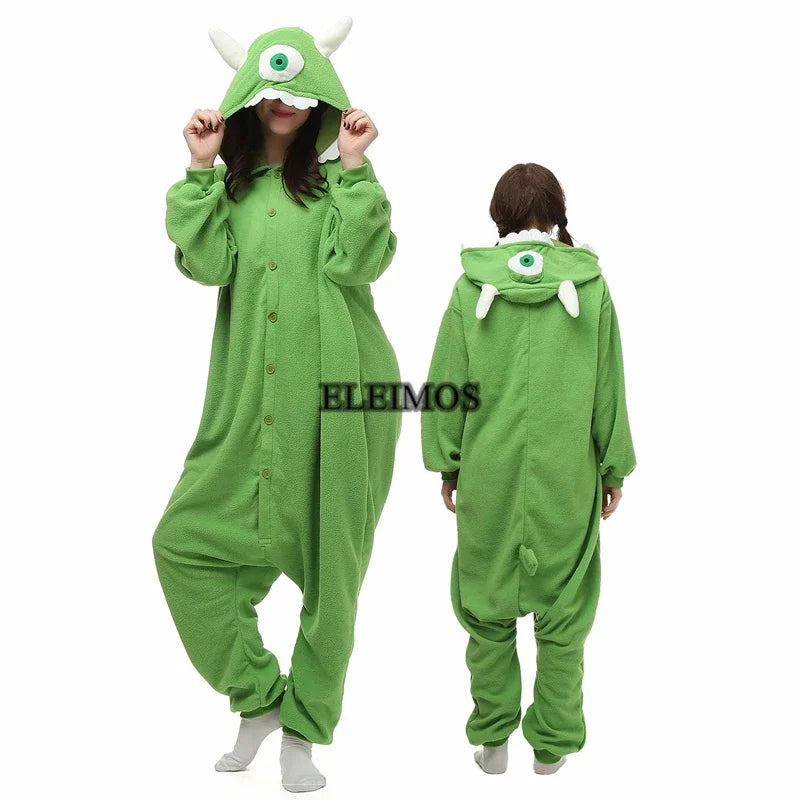 Green Halloween monster onesie for adults with fun hood and button closures