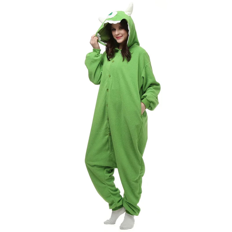 Green Halloween monster onesie adults by Zoomies & Co with a playful hood and buttons