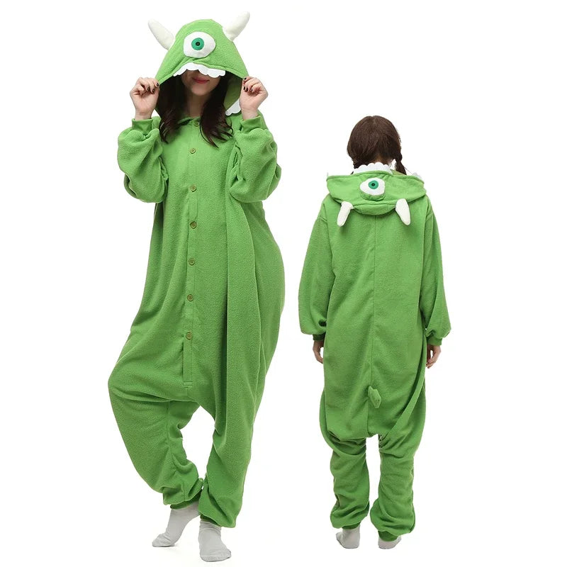 Adult Halloween monster onesie in green with cute horned design from Zoomies & Co