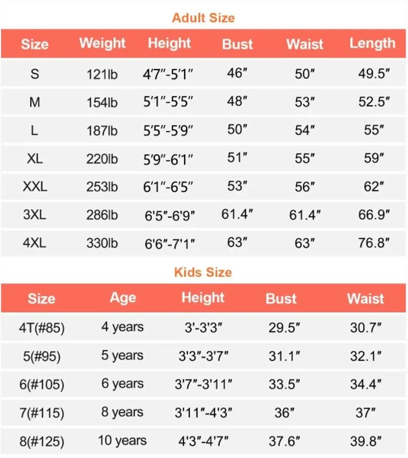 Size chart for adult and kids Halloween monster onesie adults from Zoomies & Co with measurements for each size