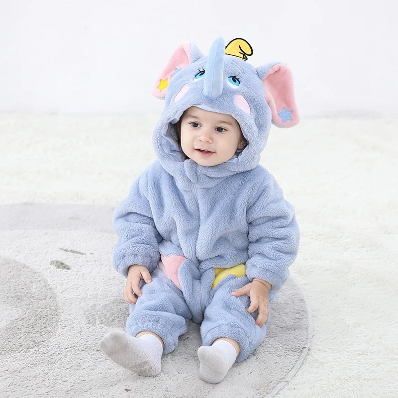 Soft elephant baby romper costume in blue with cute ears and tail for infants