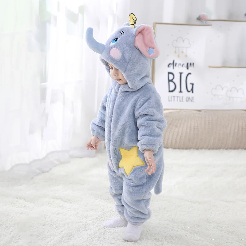 Cute elephant baby romper costume in gray with ears and a star for cozy dress-up occasions