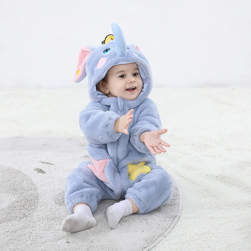 Cute elephant baby romper costume in soft blue fabric with colorful details for infants