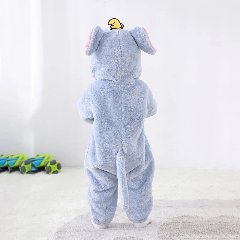 Cute elephant baby romper costume with a hood and ears, perfect for dress-up occasions