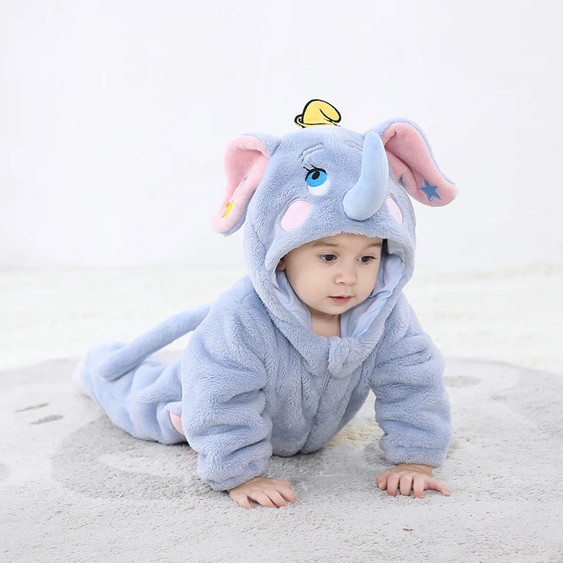 Soft elephant baby romper costume in blue with hood and ears for infants and toddlers