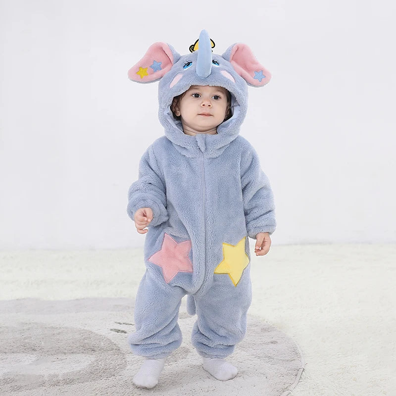 Cute elephant baby romper costume in blue with colorful stars and a playful hood for toddlers