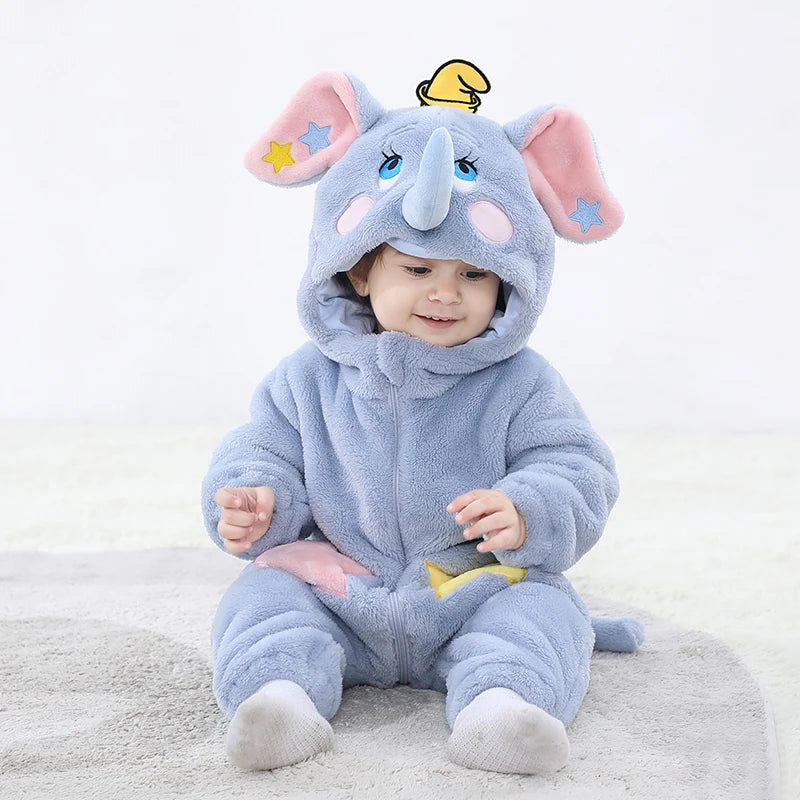 Cute baby in an elephant baby romper costume with colorful ears and a cozy design