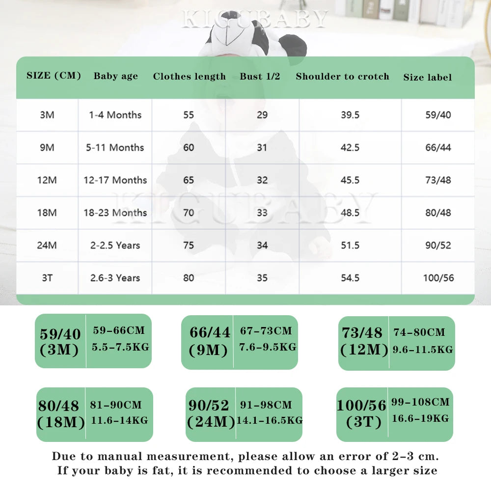 Size chart for elephant baby romper costume by Zoomies & Co showing various measurements for infants through toddlers