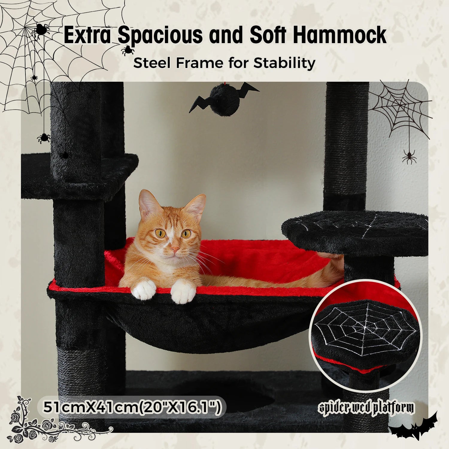 Large cat tree for indoor cats featuring extra spacious hammock and stable steel frame