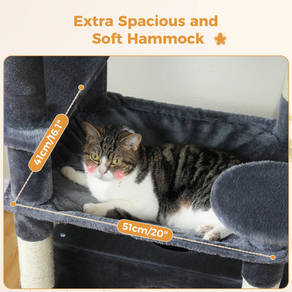 Large cat tree for indoor cats featuring extra spacious and soft hammock for comfort