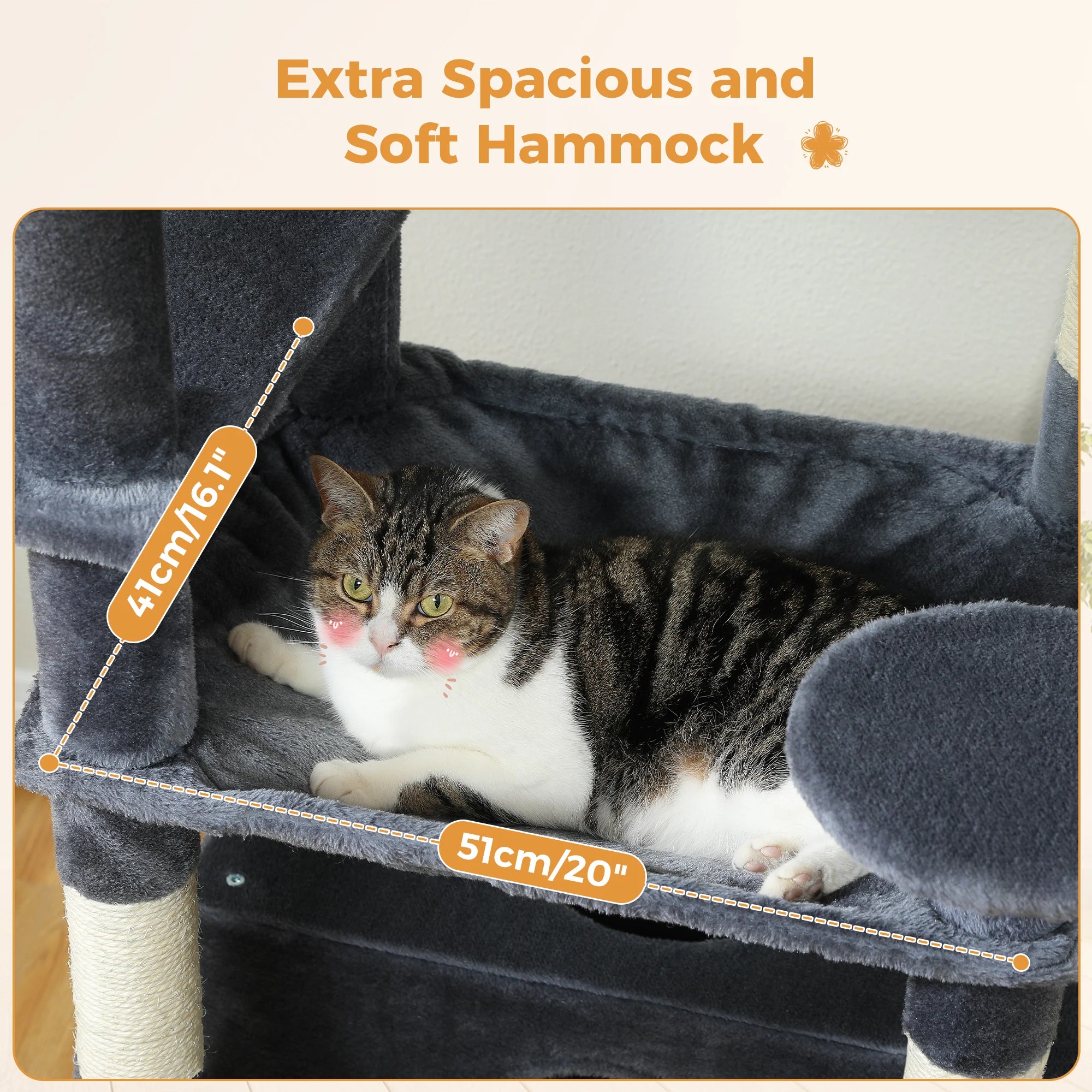 Large cat tree for indoor cats featuring extra spacious and soft hammock for comfort