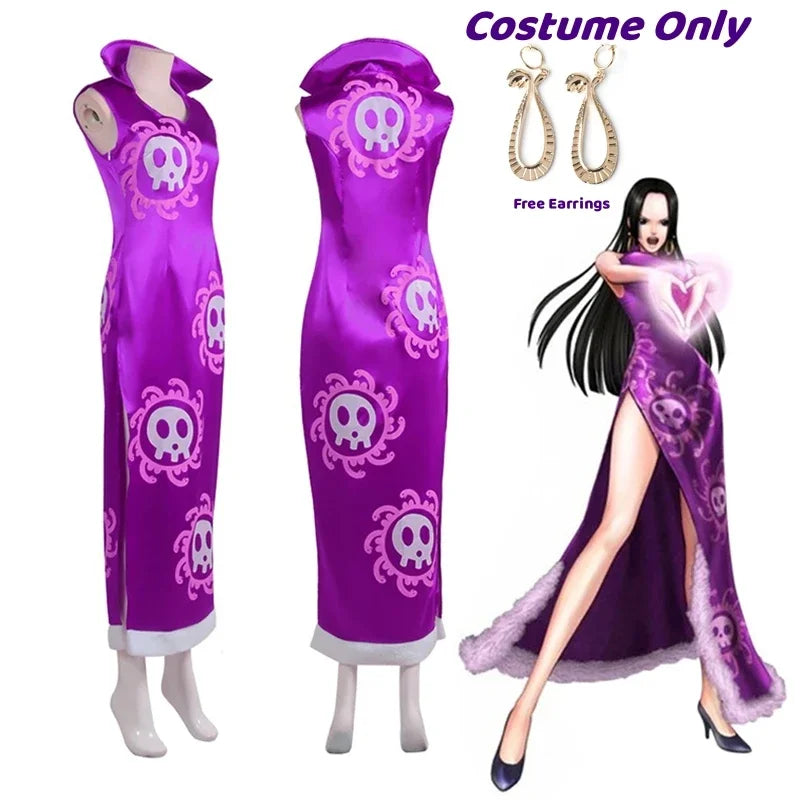 Boa Hancock Halloween fancy dress costume in purple with skull print and free earrings for a playful look