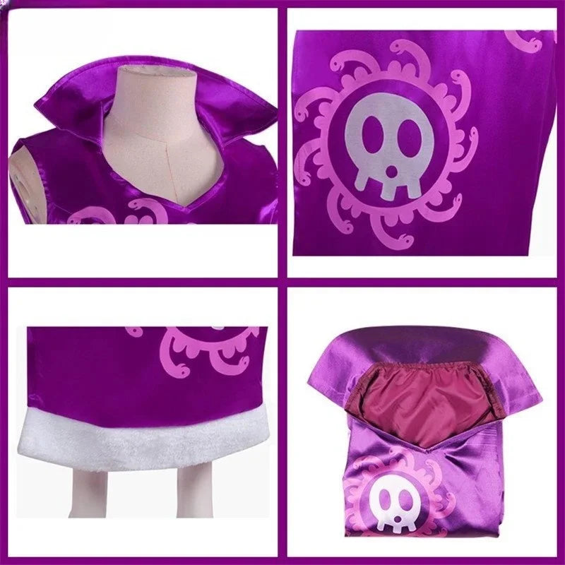 Close-up of Boa Hancock Halloween fancy dress featuring a purple design and skull print details