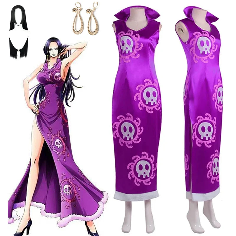 Boa Hancock Halloween fancy dress costume with purple design and skull patterns for cosplay events