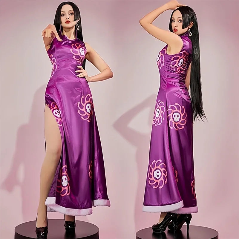 Boa Hancock Halloween fancy dress with purple design and high slit for costume parties