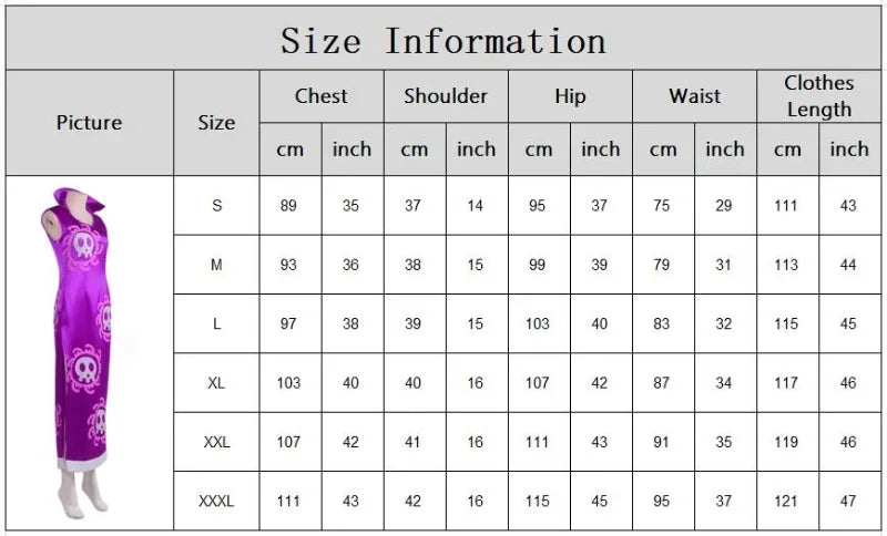 Size chart for Boa Hancock Halloween fancy dress showing measurements for different sizes