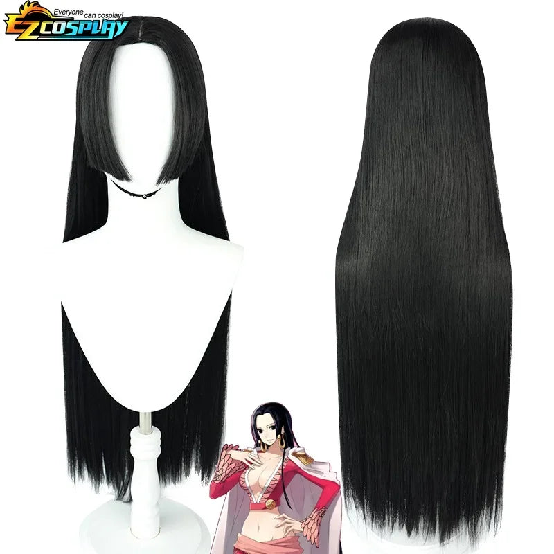 Long black wig styled for Boa Hancock Halloween fancy dress with sleek straight strands