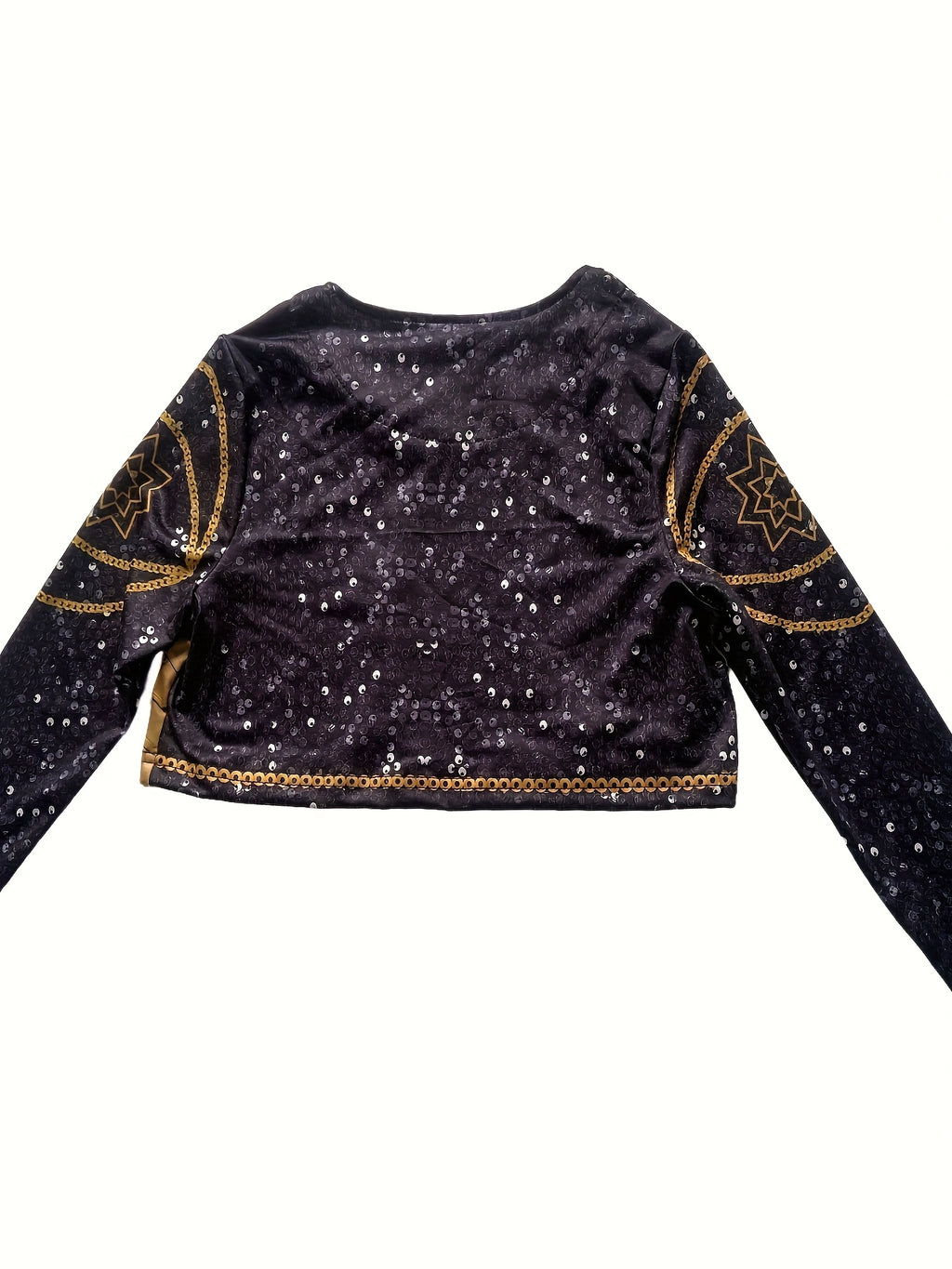 Sparkly black crop top with sequins, perfect for a pop star Halloween costume for girls
