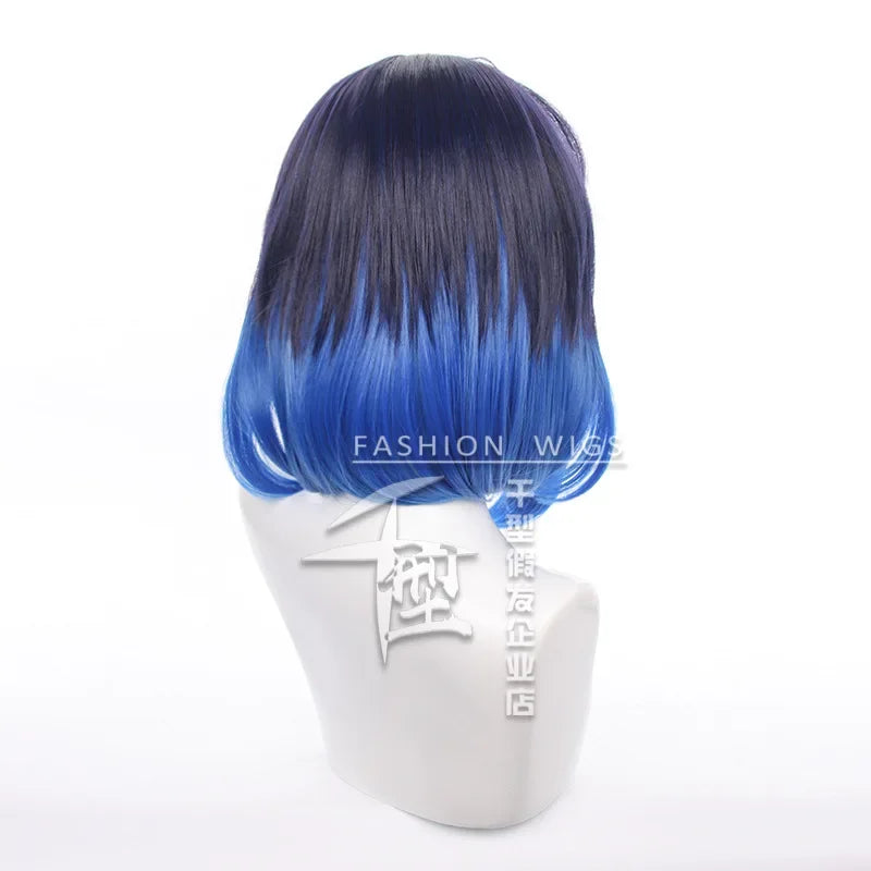 Inosuke costume blue wig featuring a sleek bob design for cosplay enthusiasts